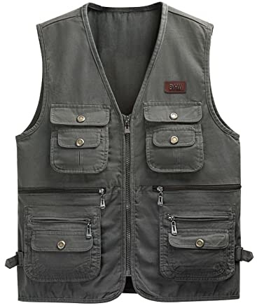 Sukany Uomini Multi Tasche Cotone Outdoor Safari Pesca Gilet Utility Foto Gilet Giornalista Viaggio Caccia Escursionismo Giacca Gilet Gilet, Verde militare, XL
