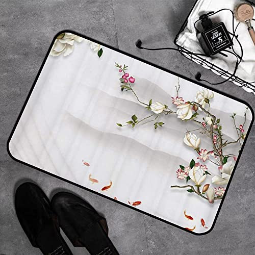 GOSUNA Memory Foam Badezimmer- 40 x 60 cm,Pflaumen-chinesische Kunst-Blumen-Aquarell-dekorative Goldfisch-Gruppe,Badteppich Saugfähige Rutschfester Badvorleger Waschbar Badematte