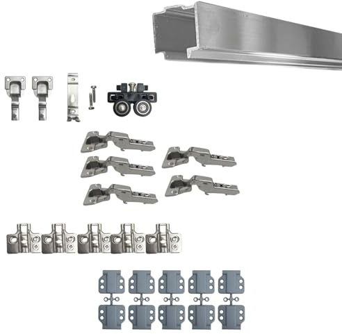 EVOTRADE Kit di Ferramenta FOLDING per Armadi o Nicchie a Muro Pieghevoli con 2 Ante Max 50Kg e Spessore Max 30mm - Kit 1 Binario da 2 Metri, Cerniere Mezzo Collo e Gruppo Carrello, Chiusura Soft