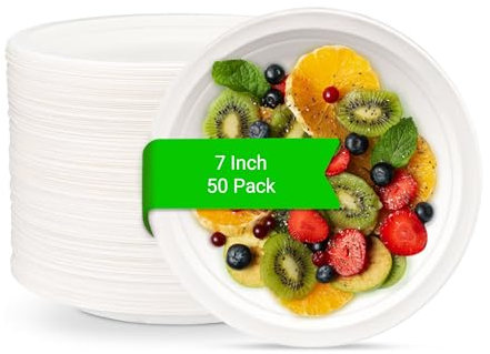 Fasttrack 7-inch White Paper Plates - Super Rigid 50 Pack Extra Strength Bagasse Sugarcane Disposable Microwave Biodegradable Plates for Parties