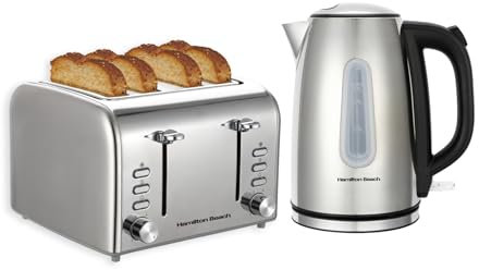 Hamilton Beach Kettle & Toaster Set, Rise, Electric Kettle, 1.7L, Toaster 4 Slice, Stainless Steel Boil Dry Protection, Rapid Boil, 6 Browning Settings, Defrost, Reheat & Cancel, Polished - HBKTPOLISH