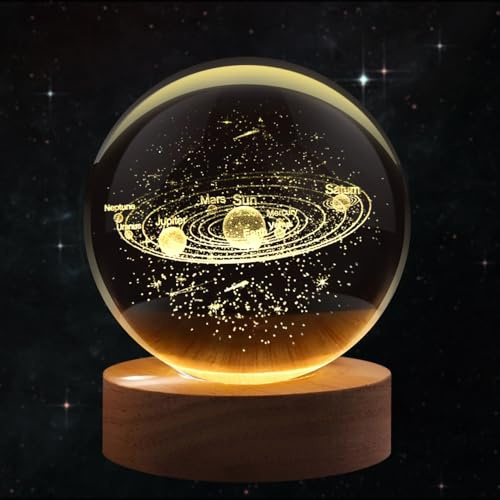 Flexzion Luz nocturna de bola de cristal del sistema solar 3D, lámpara de vidrio holograma de luz LED con base de madera maciza, lámpara de bola de cristal alimentada por USB con brillo ajustable para