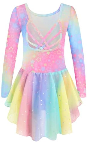 Arshiner Ballettkleidung Mädchen Ballettkleider Kinder Baumwolle Ballettanzug Regenbogen Tanzkleid Tanzbody mit Tutu Ballerina Kleid 140/5-6 Jahre
