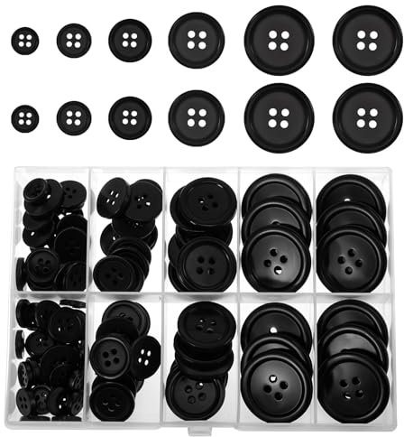 TIESOME 100 Stück Harz Knöpfe, knöpfe zum annähen, 4 Loch Knopf, 5 Größen, Rund Knöpfe, Nähknöpfe, Schwarz, für Kleider Nähen, Mantel, Hemden, DIY Dekoration, Scrapbooking(Schwarz)