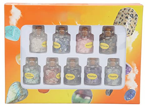 Sunicon 9pcs Crystal Gemstone Bottles Set,Mini Diy Craft Quartz Gravel Wishing Bottles Healing Crystal Tumbled Stones Collection Kit for Diy Jewelry Making Home Decoration
