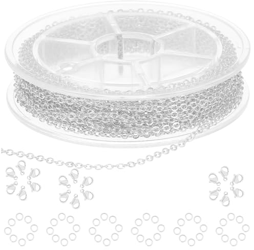 Ptwola Stainless Steel Jewelry Making Chains Silver Necklace Thin Chain Flat Cable Link Chain with Jump Rings Lobster Clasps Connectors for DIY Craft Necklace Bracelet Jewelry Making