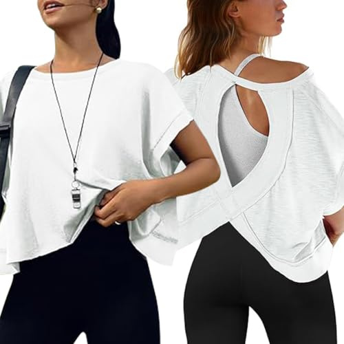Hanaoops T-Shirt de Sport Femme Yoga Shirt Manches Courtes Fitness Running Décontracté Tops Dos Ouvert Cou Rond Légèreté à Dossier Fonctionnel Tee Shirt
