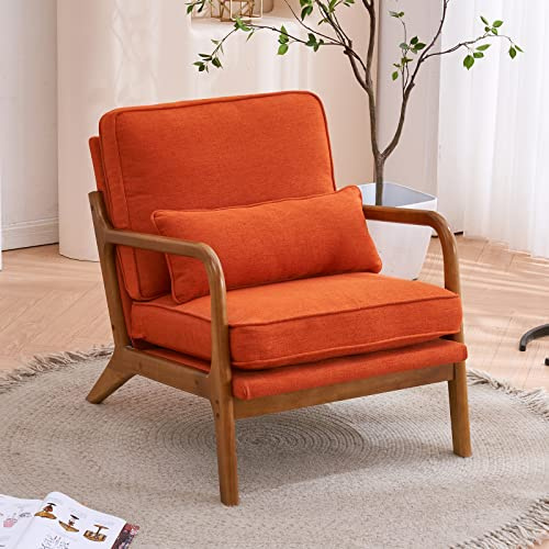 Bonnlo Accent Chair, Soild Wood Padding Lounge Armchairs, Occasional Reading Chair with Cushions and Lumbar Pillow, Armchairs for Living Room, Bedroom, Guest Room, Fabric, Orange