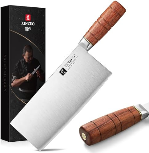 XINZUO 20,5cm Coltello da Cuoco Cinese Acciaio Composito 3 Strati Coltello da Chef Multifunzione -Professionale Acciaio Inossidabile Tagliente Mannaia Cinese -Manico Ergonomico in Red Wood