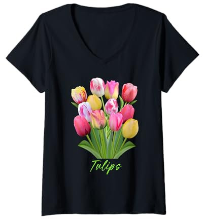 Femme Bouquet de tulipes roses, blanches et jaunes T-Shirt avec Col en V