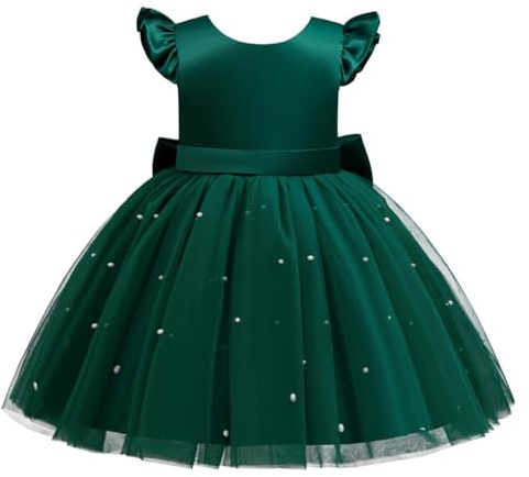 Lito Angels Vestido de Fiesta con Perlas para Niñas | Mangas con volantes, Falda amplia de tul, Perlas, Lazo trasero, Boda, Cumpleaños, Comunión