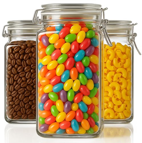 Stock Your Home 78 oz Large Glass Storage Containers With Airtight Clamp Lids, Set of 3 Hinge-Top Food Storage Mason Jars for Pantries, Sealed Glass Kitchen Jars for Flour, Pasta, Sugar or Cereal
