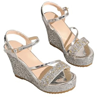 NICECY Donna con cunei Sandali a piattaforma pantofole da spiaggia scarpe a punta aperta tacchi lucidi Sandalias de mujer(bianco,37)