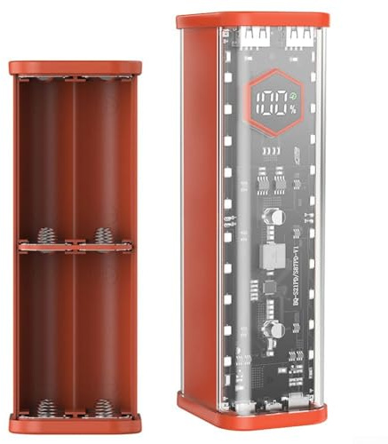 Transparent 21700 batterihölje för powerbank, 8 celler med 22,5 W dubbel utgång, LED-skärm, USB-C ingång/utgång, robust ABS gör-det-själv laddningsstationsfodral (orange)