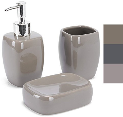 MSV Lot d‘Accessoires Salle de Bains 3 pièces Céramique - Distributeur de Savon, Porte Savon, Gobelet - Taupe