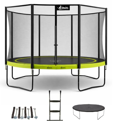 Kangui - Trampoline PUNCHI ALOE + échelle + couverture de propreté et kit d'ancrage - Vert et noir - Ø300cm - 360cm - 430cm