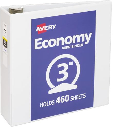Avery Standard View 3 Ring Binder, 3 Round Rings, 460-Sheet Capacity, 3.5 Inch Wide Spine, 1 White Binder, Ideal for Lightweight Organization and Occasional Referencing (05741)