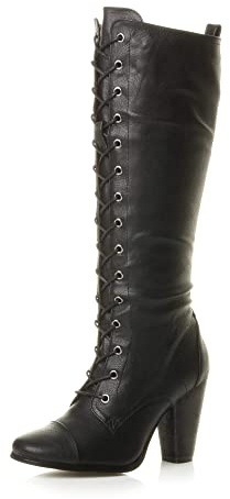 Femmes haute talon carré lacets genou mollet motard bottes militaires taille UK 6 / EU 39 - noir