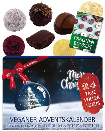 Hallingers Genuss Manufaktur Vegane Pralinen Adventskalender - mit & ohne Alkohol, handgemacht aus Confiserie-Edelkakao in hochwertigem Softfeel-Karton Weihnachtskugeln, Weihnachtskalender