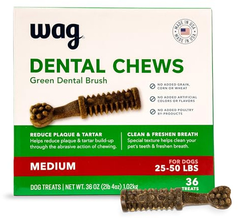 Amazon Basics Dental Dog Treats to Help Clean Teeth & Freshen Breath for Medium Dogs, Unflavored, Per Pack: 36 Count, 2.25 pounds (Previously Wag)