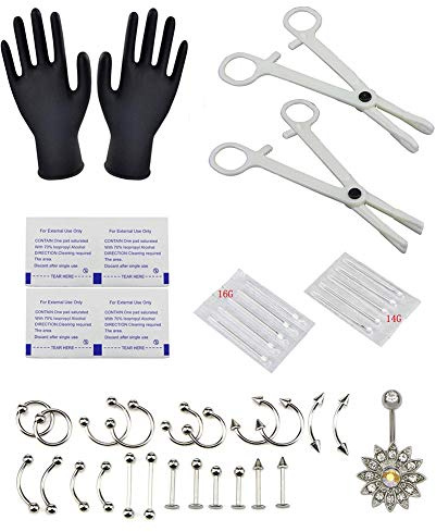 Fingertoys 41 PCS Piercing Jewelry Kits, Professional Piercing Needles Surgical Steel 14G 16G Belly Ring Tongue Nipple Nose Ear Tragus Lip Piercing Tool and Piercing Body Jewelry Supplies