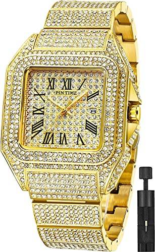 Gosasa Fashion Hip Hop Mens Crystal Watch Bling Iced-Out Watch Rectangle Case Stainless Steel Quartz Analog Bracelet Wristwatch (Gold)