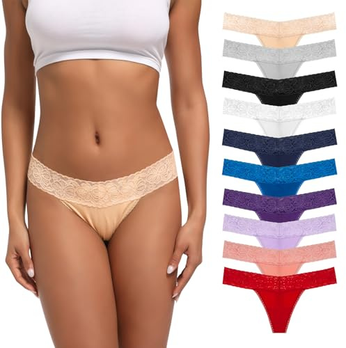 Deigecil Womens Thong, T Back Low Waist Seamless Panties Cotton Lace Thongs For Women, Pack Of 10 Assorted different Lace Pattern and Color