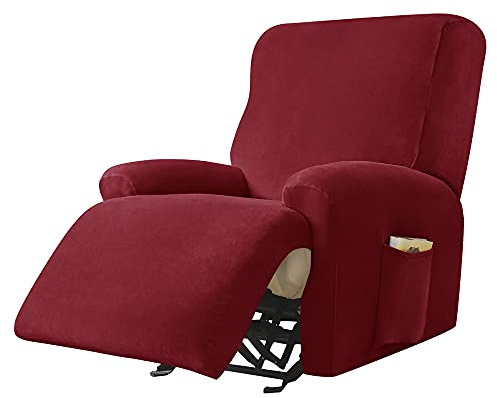 Highdi Copripoltrona Relax Reclinabile Completo 4-Pezzo Fodera per Poltrona Elasticizzato 1 Posto con Tasche, Coprisedile Poltrona Velluto Lavabile Antiscivolo Copripoltrona (rosso bordeaux)