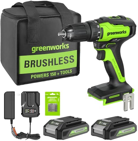 Greenworks 24V Brushless Cordless Drill Kit, 310 in./lbs, 18+1 Position Clutch, 1/2 '' Keyless Chuck, Variable Speed, (2)2Ah Batteries with 2A Charger, LED Light, 8pcs Drill Bits with Tool Bag