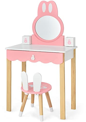 DREAMADE 2 in 1 Kinder Schminktisch mit Hocker & abnehmbarem Spiegel, Frisierkommode, Prinzessin Frisiertisch mit Schublade, Kinderschminktisch Kosmetiktisch für Kinder Mädchen (Rosa Spiegel)