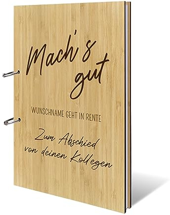 Personalisiertes Abschied Gästebuch echtes Holz DIN A4 Rente Erinnerungsbuch mit Lasergravur - Machs Gut - mit 72 Blatt / 144 Seiten Naturpapier Weiß