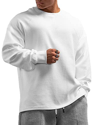 Muscle Alive Basic långärmad våffeltröja för män lös passform träning pullover rund hals skjorta