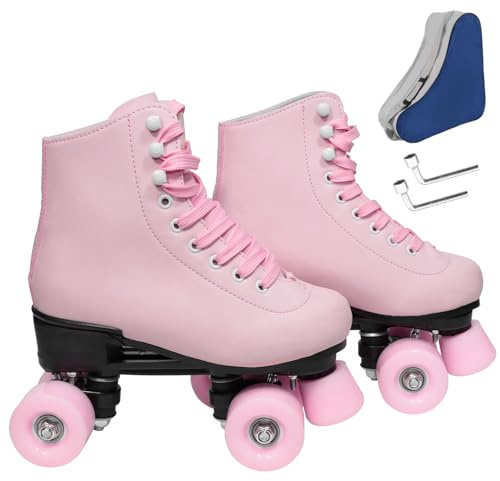 Wiwiy Roller Skates for Women Men, Leather High Top Double-Row Skates Pink, for Beginner Indoor Outdoor Roller Skates(Women's 8.5 / Men's 7.5)