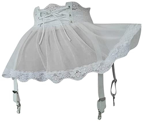 ROSVAJFY Women's Sexy Suspender Mini Skirt with Panties, Sheer Mesh Lace-up Dress Lingerie Underwear Garter Belt with 4 Clips, 2 Pieces High Waisted + Lace Thong (White)