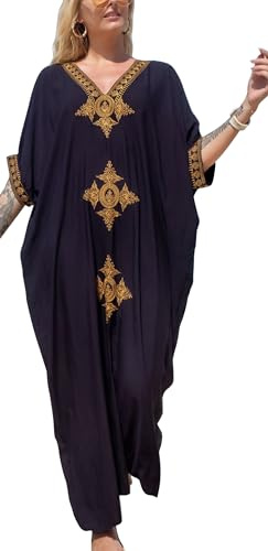 AIEOE Donna Abito da Spiaggia Copricostumi Lungo Maxi Bohemien in Stile Caftano Beach Loungewear Estivo Taglie Unica Forti Nero B