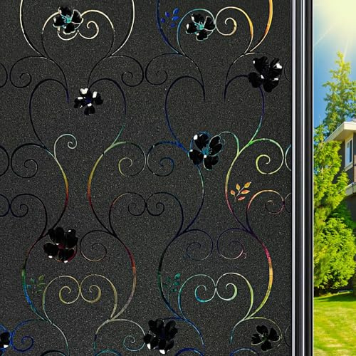 Qualsen Blackout Window Film Privacy, Rainbow Flower Black, 30x200cm | Black Out Window Films with Tools, 100% Total Light Blocking Anti UV Non Adhesive Static Cling, for Home Day Sleeping Nursery