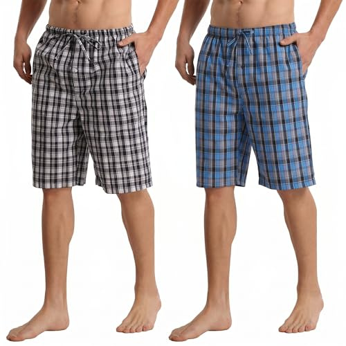 YUSHOW Pantalon Pijama Corto Hombre Algodón Cuadros Suaves Pantalones de Ocio con Bolsillos y Cordón Verano 2 Piezas