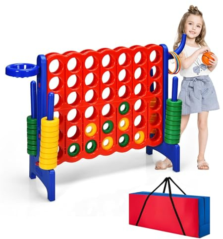COSTWAY Enorm 4 vinner spel med basketkorg och kastspel, fyra vinner inklusive 42 jumbo ringar, skjutreglage och bärväska, fyra i rad spel stora (röd + blå, med ficka)