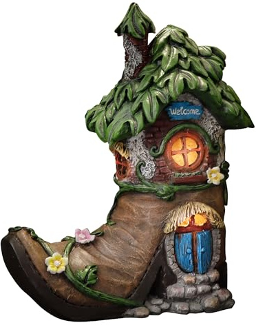 TERESA'S COLLECTIONS Boot Fairy House Garden Statues with Solar Outdoor Light for Garden Decor, Resin Fairy Garden Accessories Outdoor, Home Decorations Lawn Ornaments Yard Decor Gifts for Mom, 6