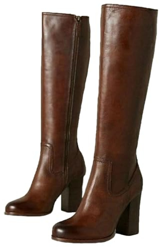 FUIPOT Straight Mid Length Boots, Women's Knee High Boots Round Toe Thick High Heels Side Zipper Boots Women's Large Size Patent Leather Slim Fit Fashionable Boots,Brown,5 UK