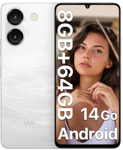 UMIDIGI G9A Mobile Phones, Android 14 Go Smart phone, 6.75 HD Display, 8(4+4) GB +64GB/1TB, 5000mAh, 13MP Camera Dual SIM 4G Phone Unlocked, Face ID Unlocked/GPS, White, New Version