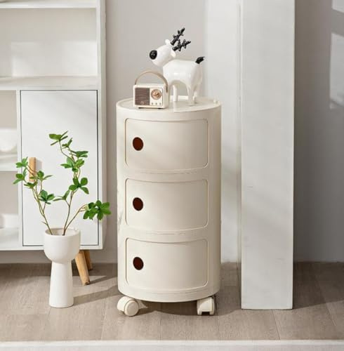 Armoire ronde à 3 niveaux sur roulettes, table d'appoint empilable avec portes coulissantes, table d'appoint roulante avec rangement, table de nuit moderne blanche pour salon, chambre à coucher, sall