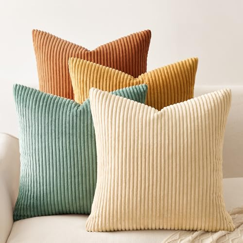 Topfinel Housse Coussin Canape 40x40 en Velours Côtelé Bleu-Orange Dégradé Motif à Rayure Lot de 4 Décoration de Coussin pour Chambre Salon Jardin Fauteuil Lit Style Boheme Luxe Moderne