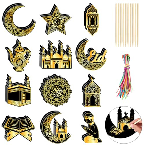 DPKOW Lot de 36 Carte à Gratter de l'Aïd pour Enfants et Adultes, Noir et Doré Lanterne de Lune Mosquée Gratter Papier, Cadeaux de l'Aïd pour Enfants, Art à Gratter de Ramadan Aïd Moubarak Decoration