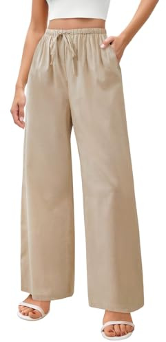 Zhiaek Pantalon Lin Femme Été Décontractés Pantalons Large Femme Fluide Mode Coton Lin Confortable Jogging Plage Rétro Pants Taille Elastique avec Poches Kaki L