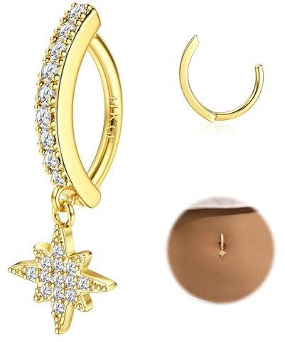 Morfetto Piercing Nombril Or Acier Chirurgical Inoxydable - Clicker Piercing Au Nombril Pendant Anneau Doré CZ Anneau de Ventre Pour Femmes 14G 10mm D'Or-Étoile
