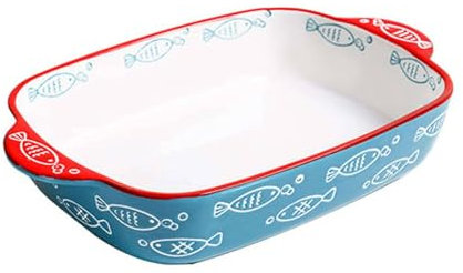Lasagneskål Stor djup, blå fisk Individuell lasagneform for 1 person, keramiska bakformar for ugn, for gryta tapaspajer(Blue L)