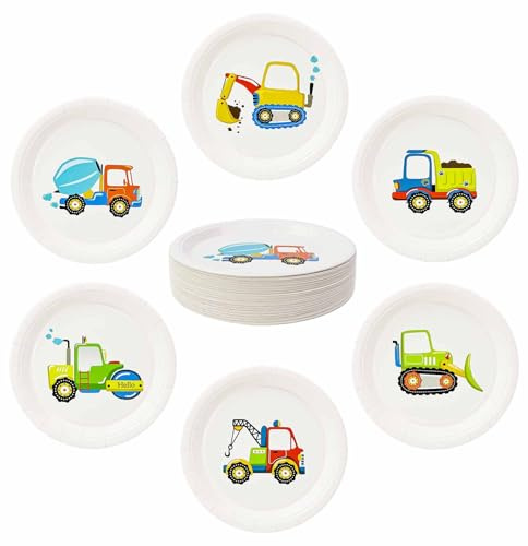 SietDESEO 60 PCS Construction Paper Plates 7 Inch Disposable Dinner Plate Construction Dessert Plates for Birthday Baby Shower Kids Party Supply Vehicle Themed Party Decorations