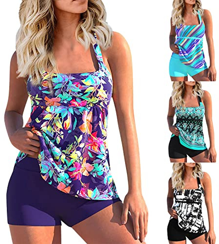 uxxnjfg Costume Donna Due Pezzi Tankini Donna Mare Curvy Taglie Forti Beach Costumi Vita Alta Eleganti Mestruale Bikini Contenitivo Brasiliana Beachwear Tankini Top Push Up Swimwear(Viola,L)