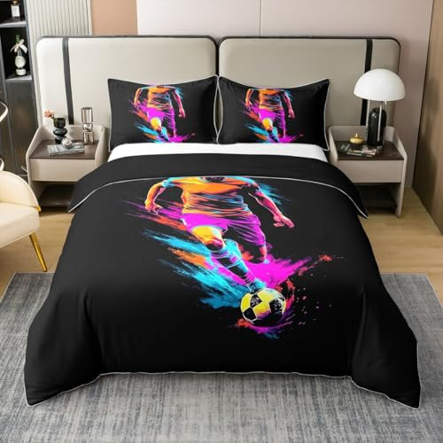 Loussiesd Juego de ropa de cama con diseño de jugador de fútbol, tamaño Super King, funda de edredón de deportes de rugby para niñas, regalo para amantes del fútbol, salpicaduras de pintura, funda de